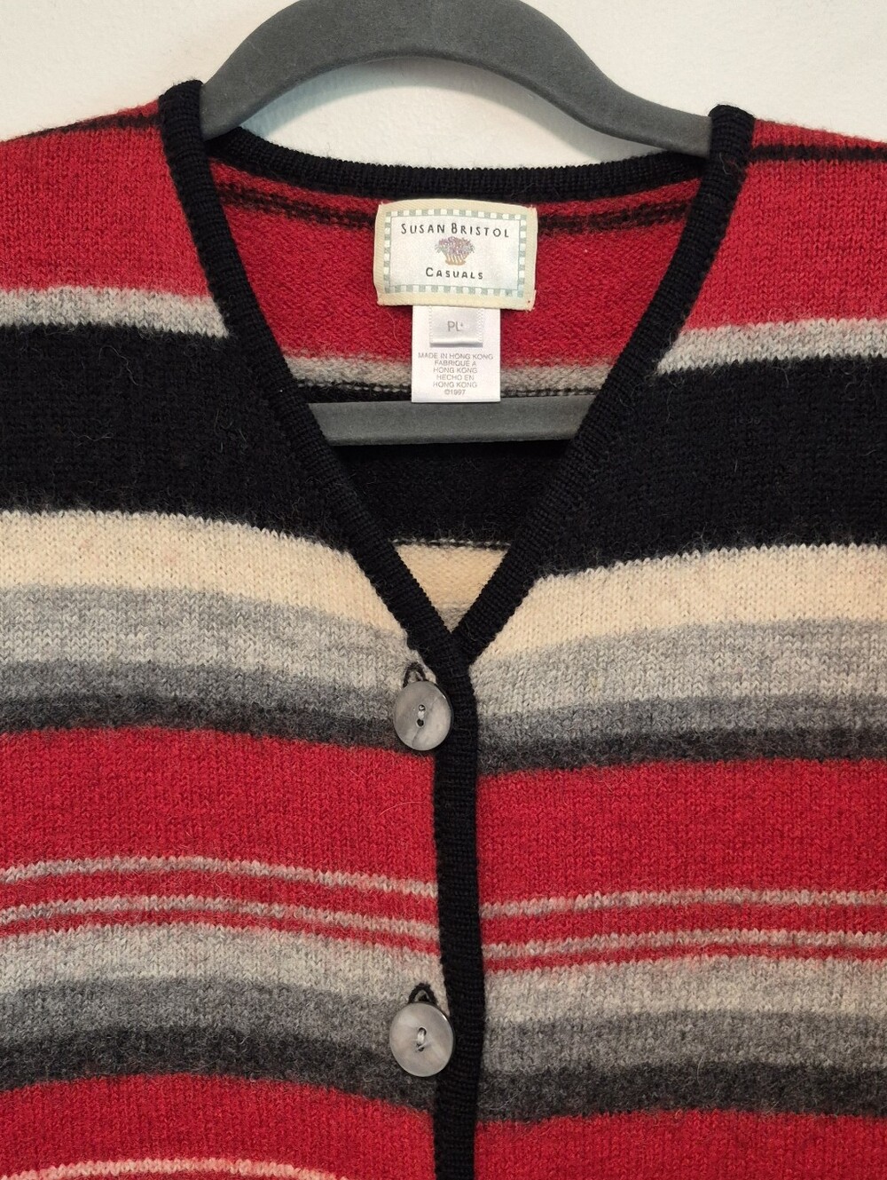 Vtg Susan Bristol Wool Cardigan Sweater Red/Black Striped 90's Sz L Petite - Picture 3 of 10